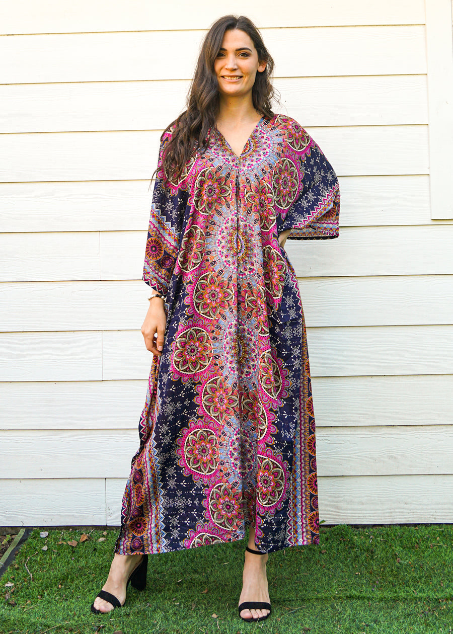 Pink Blue Lotus Mandala Full Length Kaftan