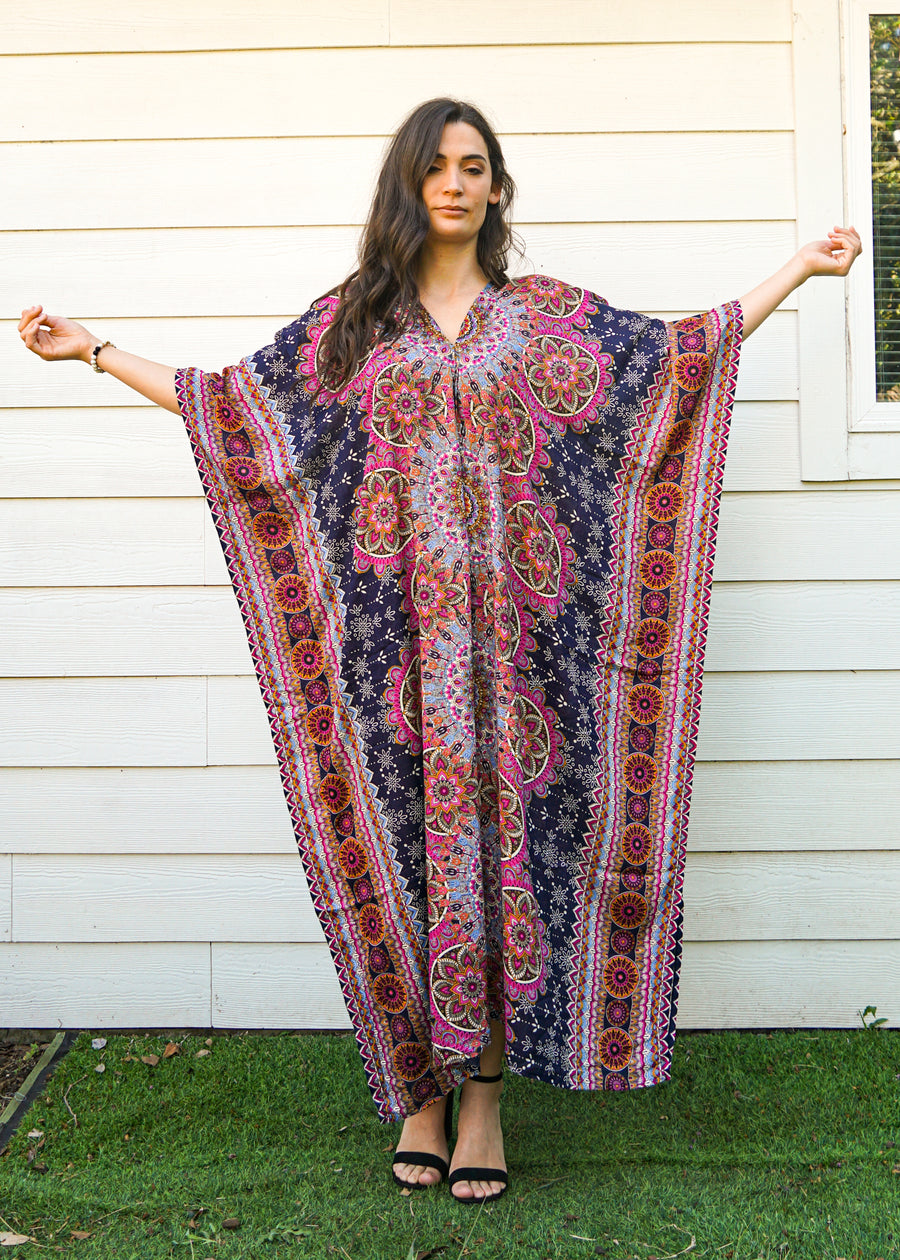 Pink Blue Lotus Mandala Full Length Kaftan