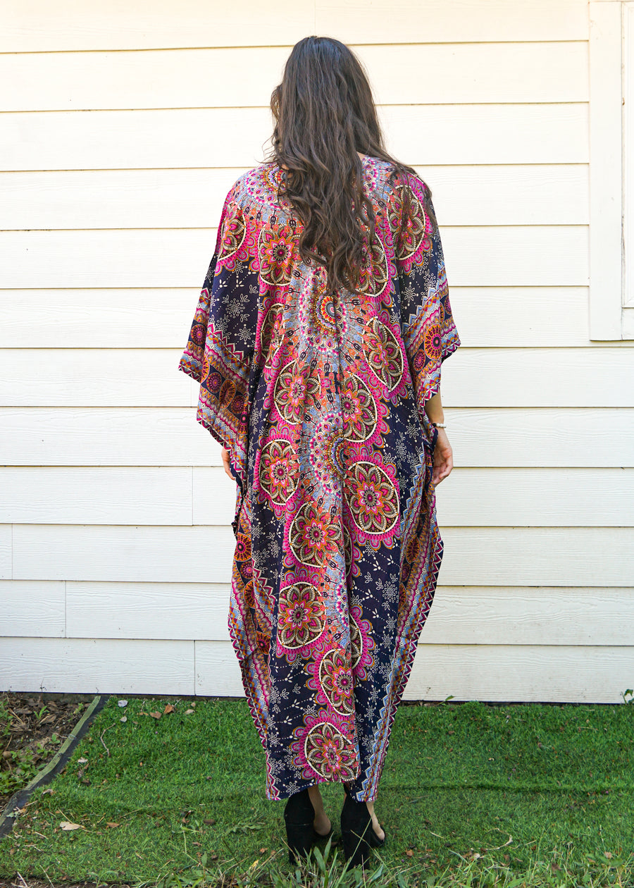 Pink Blue Lotus Mandala Full Length Kaftan