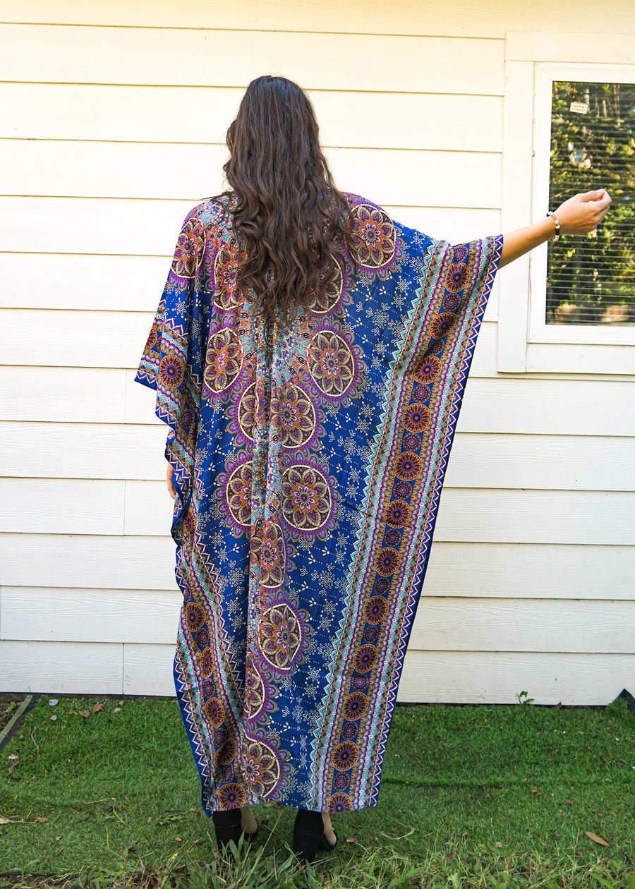 Pacific Blue Lotus Mandala Full Length Kaftan