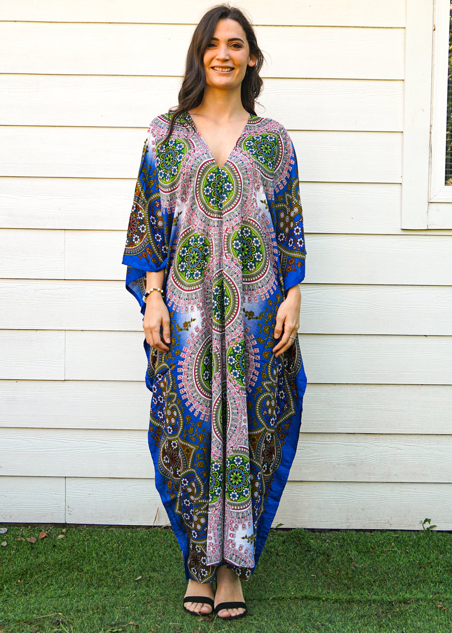 Blue Pink Floral Lotus Full Length Kaftan