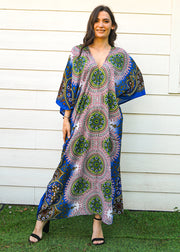 Blue Pink Floral Lotus Full Length Kaftan