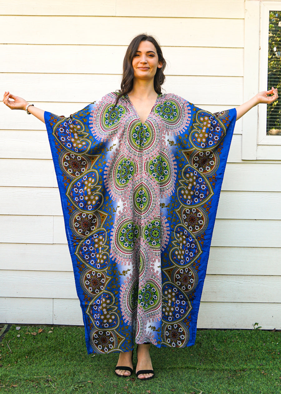 Blue Pink Floral Lotus Full Length Kaftan