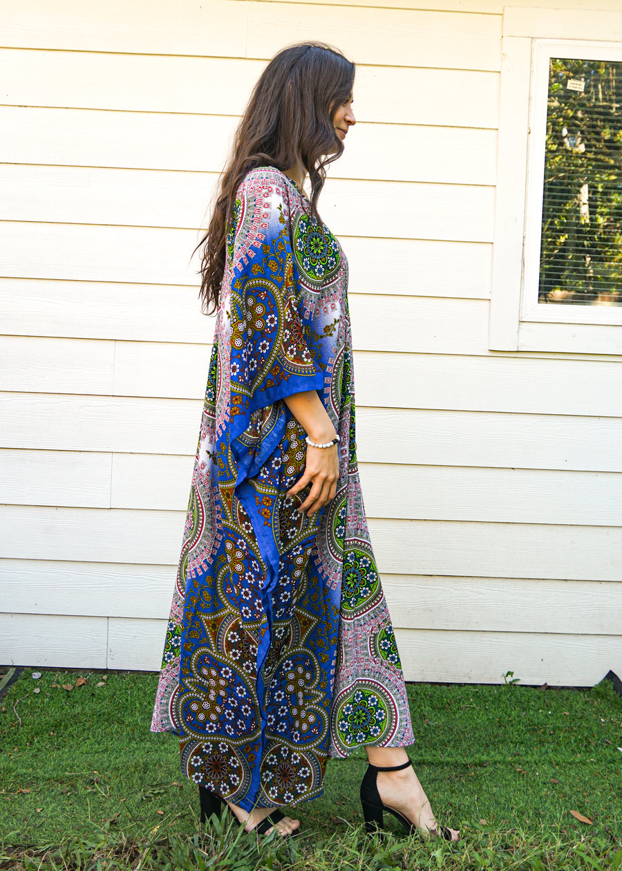 Blue Pink Floral Lotus Full Length Kaftan