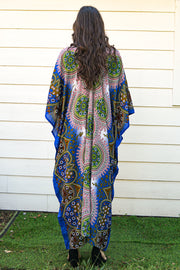 Blue Pink Floral Lotus Full Length Kaftan