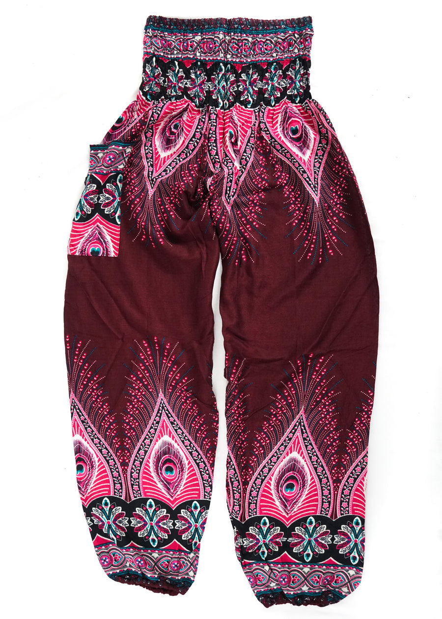 Burgundy Peace Peacock Harem Pants