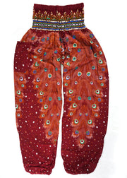 Burgundy Peacock Feather Harem Pants