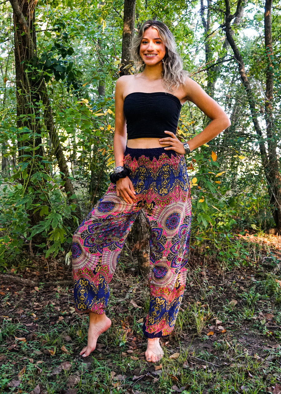 Blue Pink Lotus Floral Harem Pants