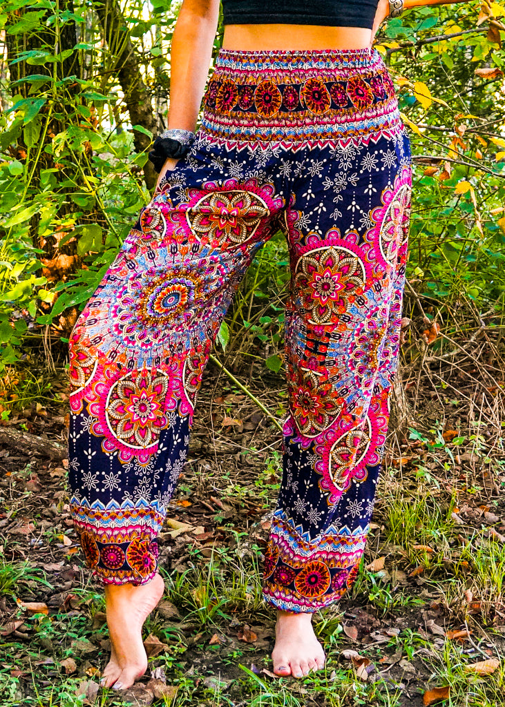 Black Pink Lotus Chakra Floral Harem Pants