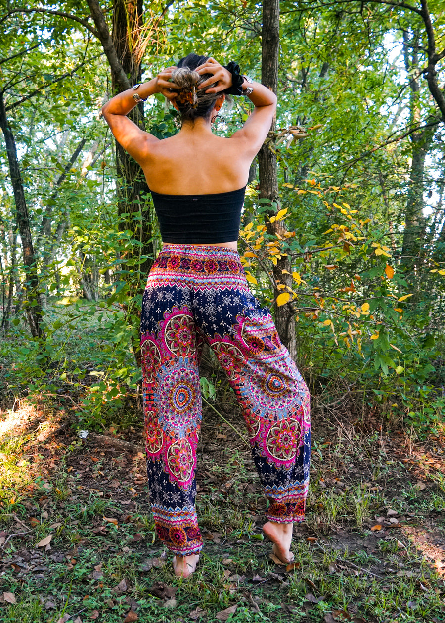 Black Pink Lotus Chakra Floral Harem Pants