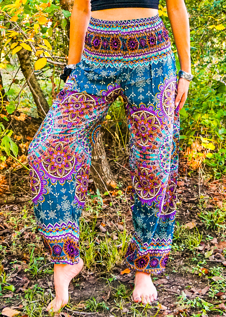 Teal Lotus Chakra Floral Harem Pants - Lamsri Bohemian