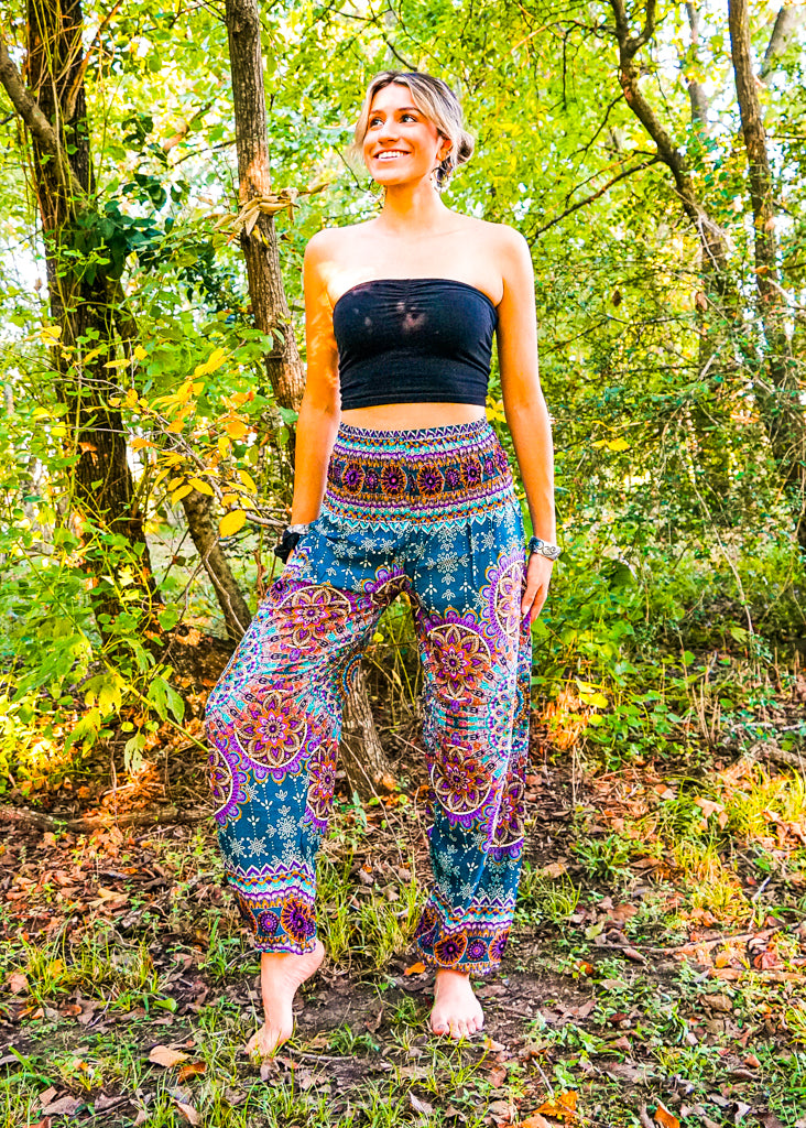 Teal Lotus Chakra Floral Harem Pants