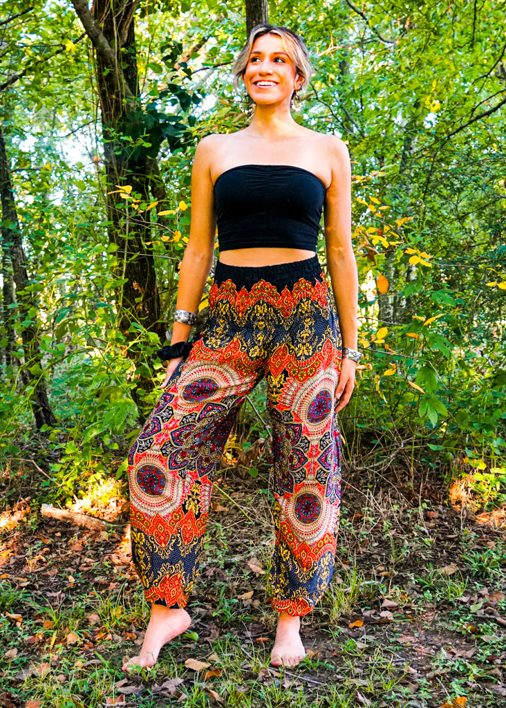 Black Orange Lotus Floral Harem Pants