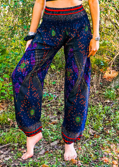 Royal Blue Peacock Print Bamboo Rayon Harem Pants