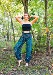 Teal Peacock Feather Harem Pants