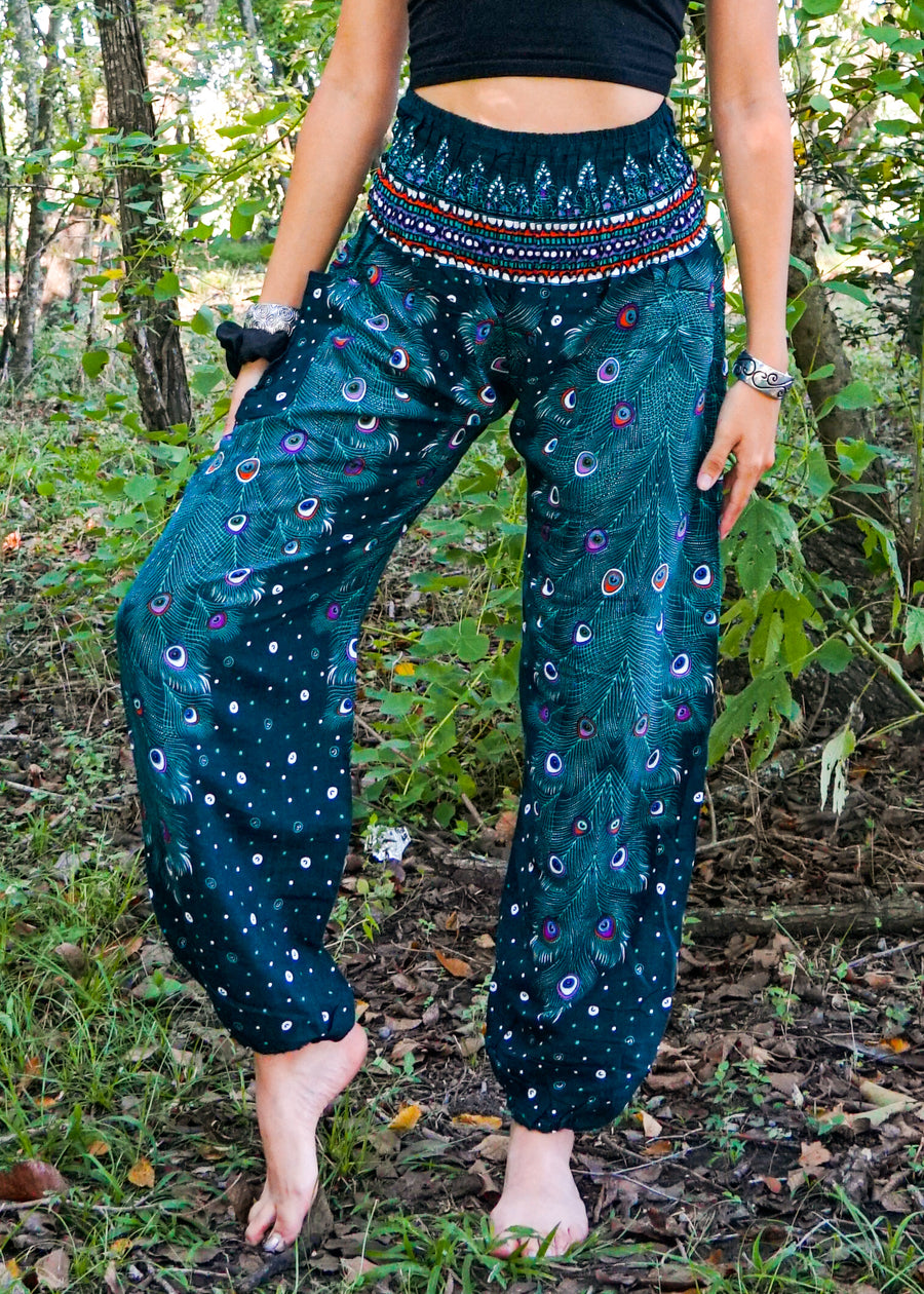 Teal Peacock Feather Harem Pants