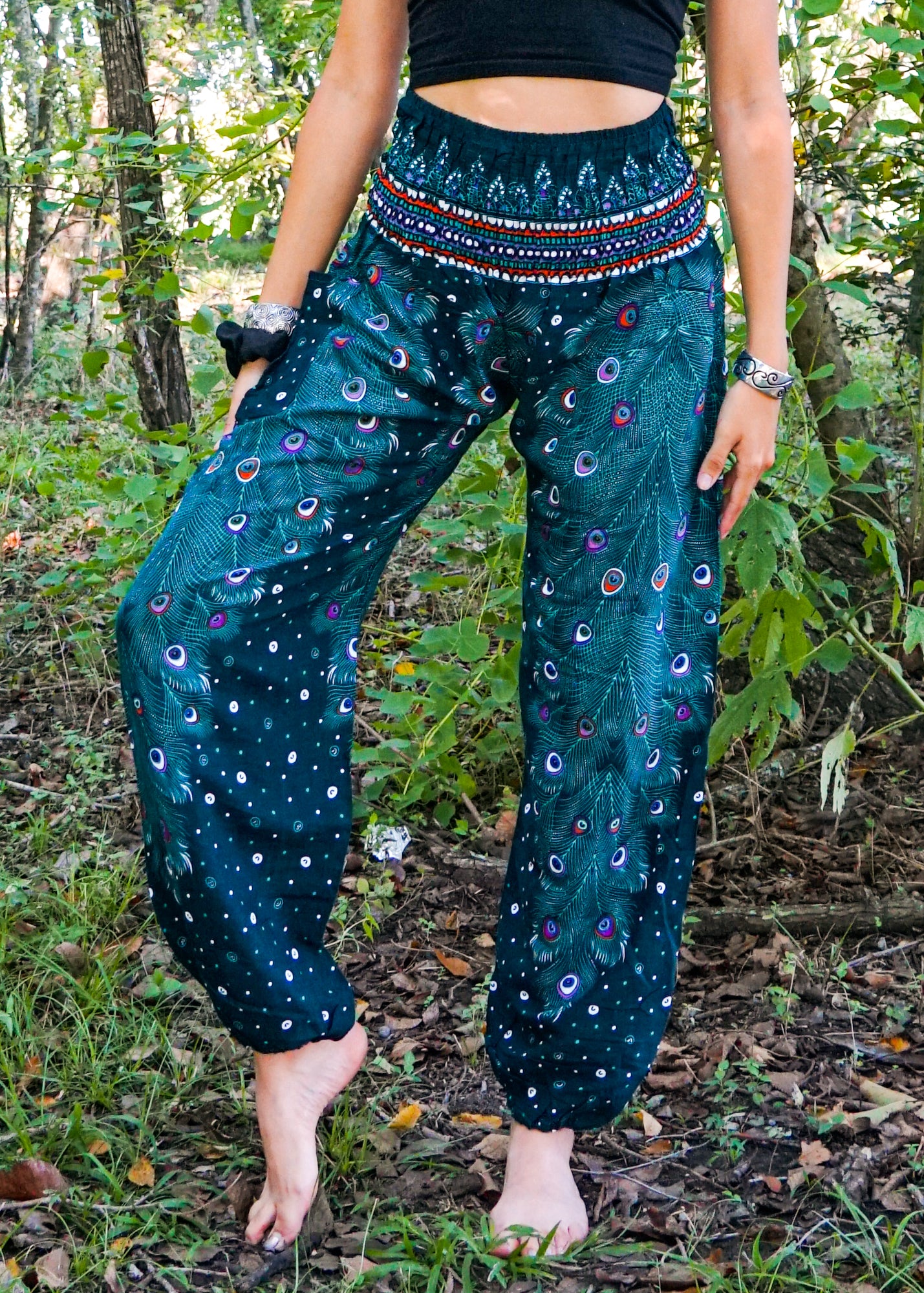 Women Fashion Colorful Peacock Shaped Casual Loose High Waist Long Yoga  Pants with Pockets