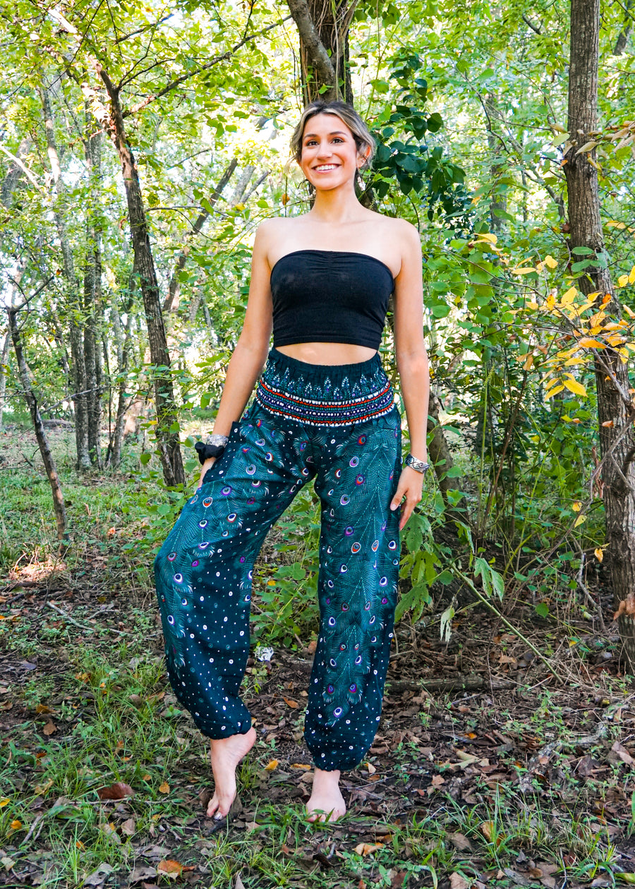 Teal Peacock Feather Harem Pants