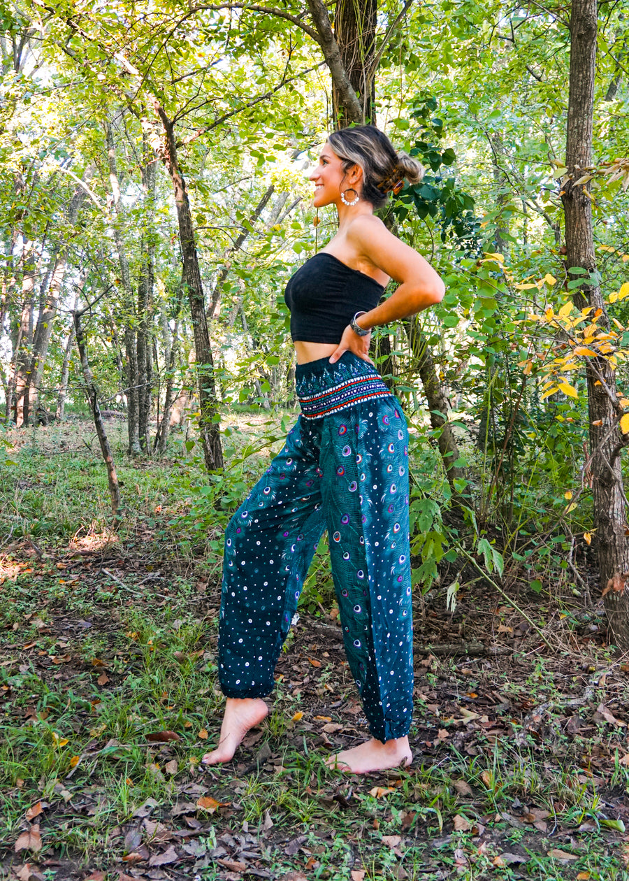 Teal Peacock Feather Harem Pants