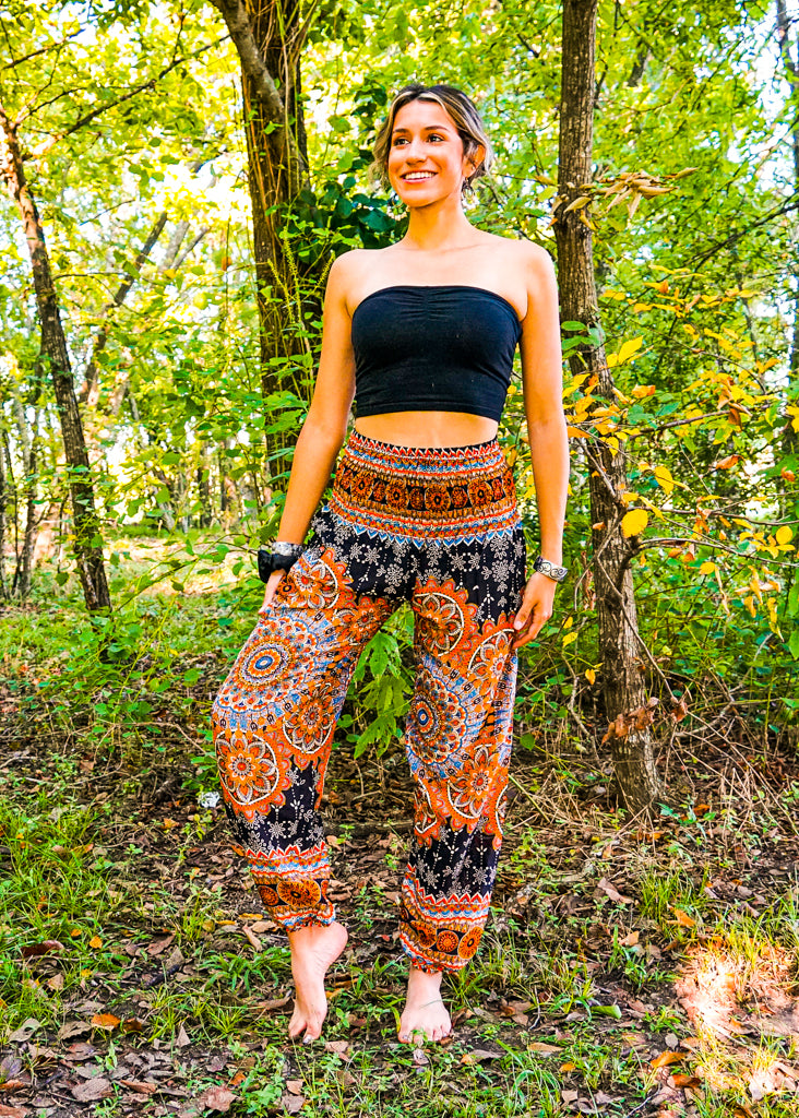 Black Orange Lotus Chakra Floral Harem Pants