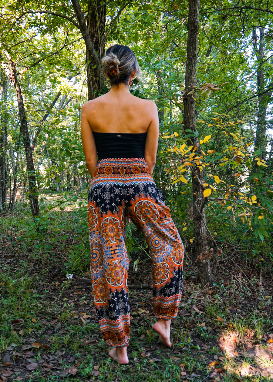 Black Orange Lotus Chakra Floral Harem Pants