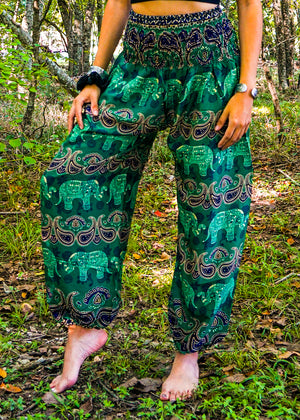 Green Harem Pants with Elephant Print and Pockets, Green