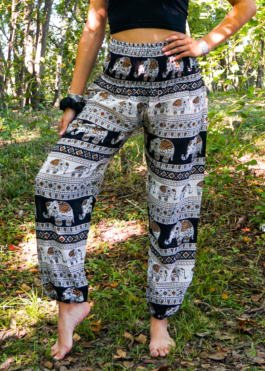 Black Tribal Elephant Harem Pants