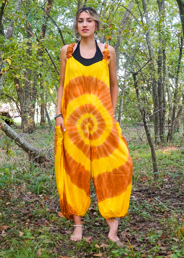 Yellow and Brown Hand Dyed Hippie Racerback Dungarees Jumpsuit Romper