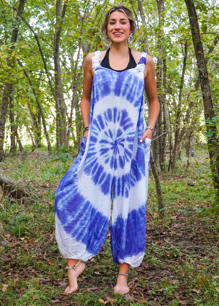 Purple and White Hand Dyed Hippie Racerback Dungarees Jumpsuit Romper