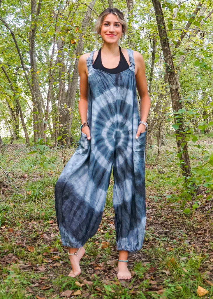 Gray Hand Dyed Hippie Racerback Dungarees Jumpsuit Romper