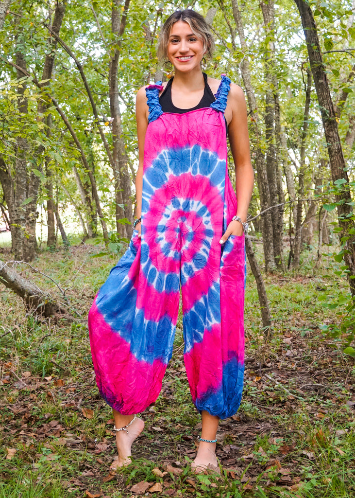 Pink and Blue Hand Dyed Hippie Racerback Dungarees Jumpsuit Romper