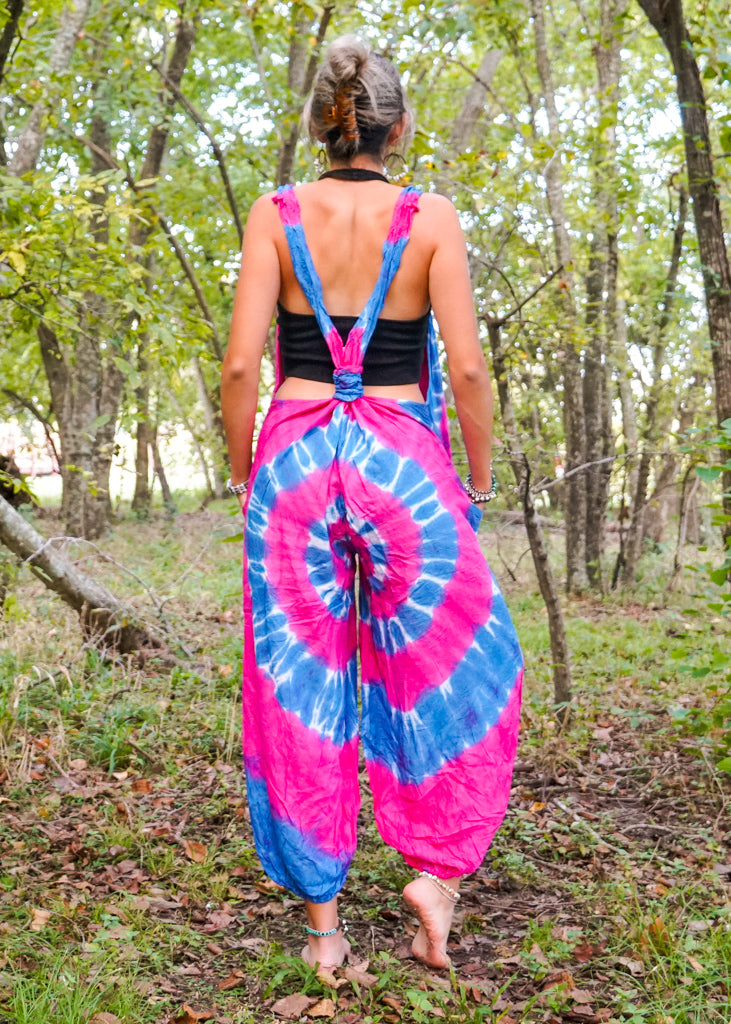 Pink and Blue Hand Dyed Hippie Racerback Dungarees Jumpsuit Romper