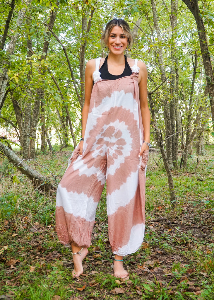 Brown and White Hand Dyed Hippie Racerback Dungarees Jumpsuit Romper
