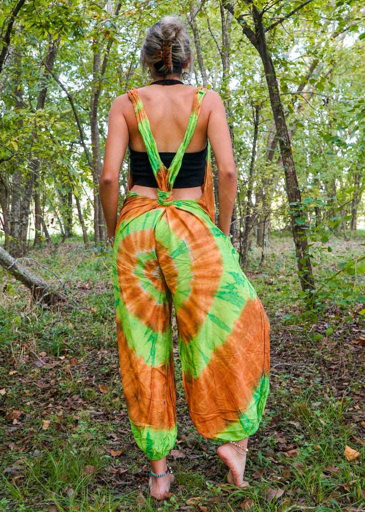 Green and Orange Swirl Tie Dye Hippie Racerback Jumpsuit Romper