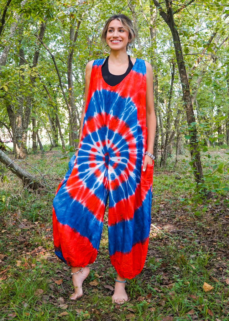 Red White and Blue Hand Dyed Hippie Racerback Dungarees Jumpsuit Romper