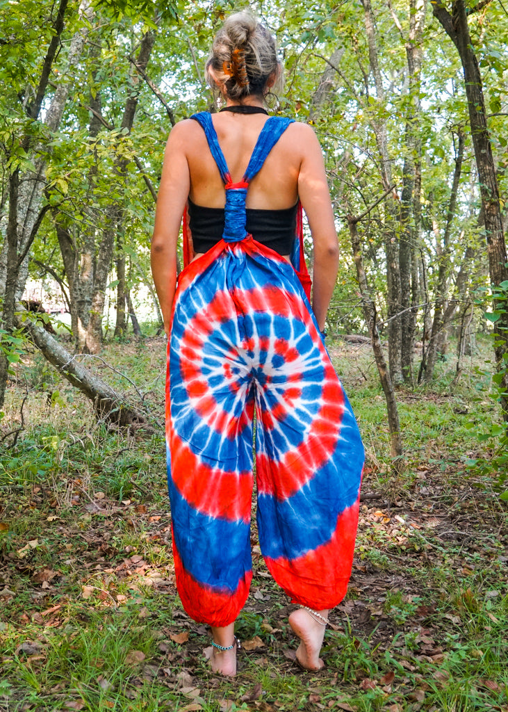 Red White and Blue Hand Dyed Hippie Racerback Dungarees Jumpsuit Romper