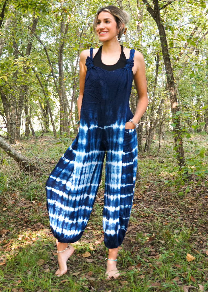 J59- Shibori Blue Tie Dye Hippie Racerback Jumpsuit Romper