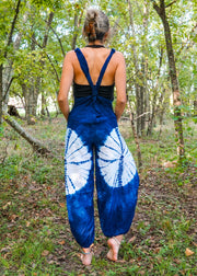 J57- Shibori Blue Tie Dye Hippie Racerback Jumpsuit Romper