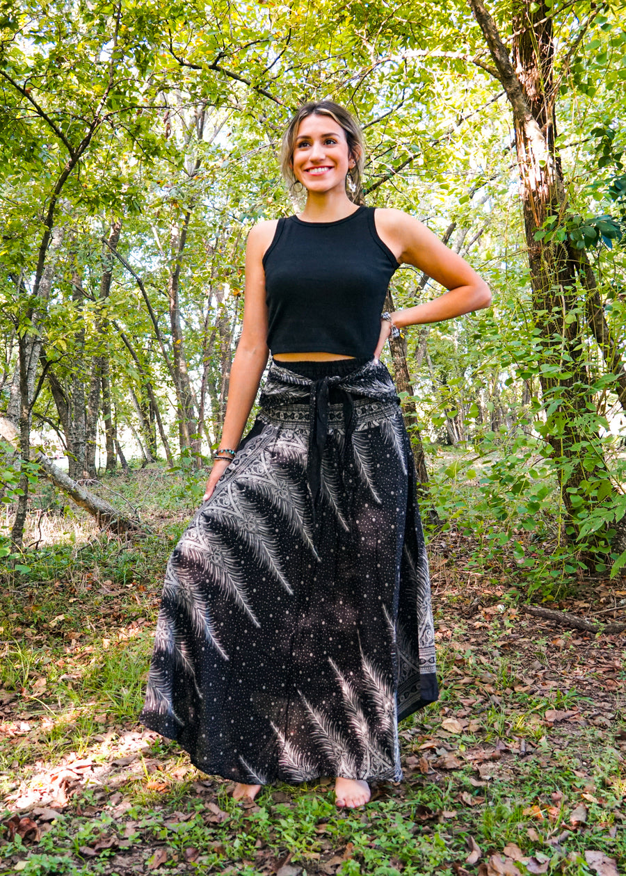 Black Peacock Feather Maxi Skirt