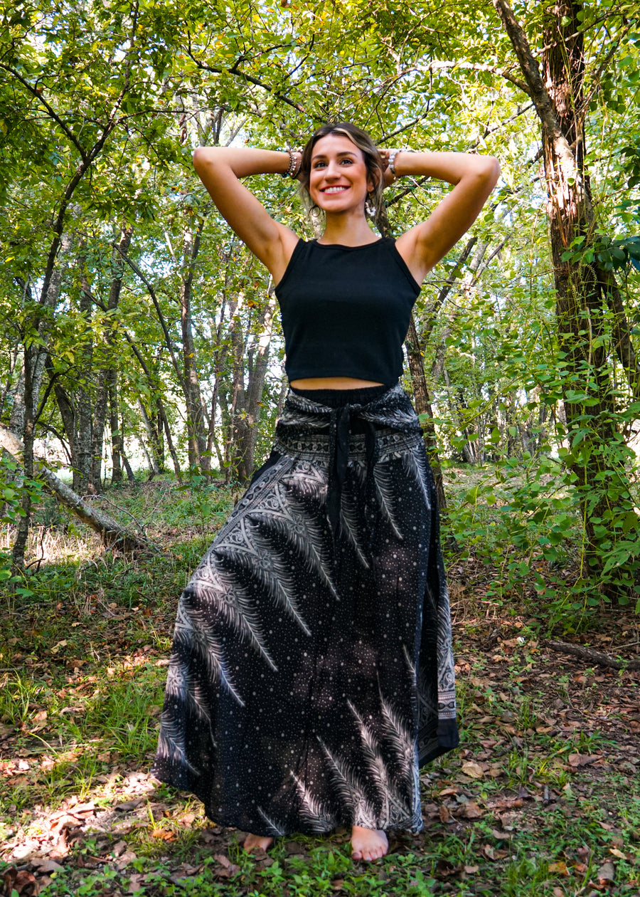 Black Peacock Feather Maxi Skirt