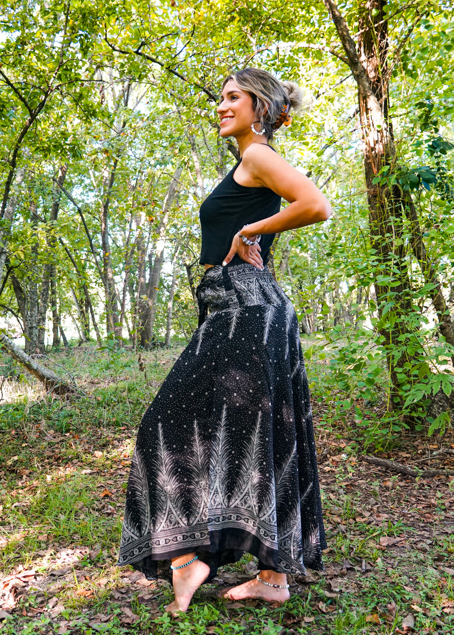 Black Peacock Feather Maxi Skirt