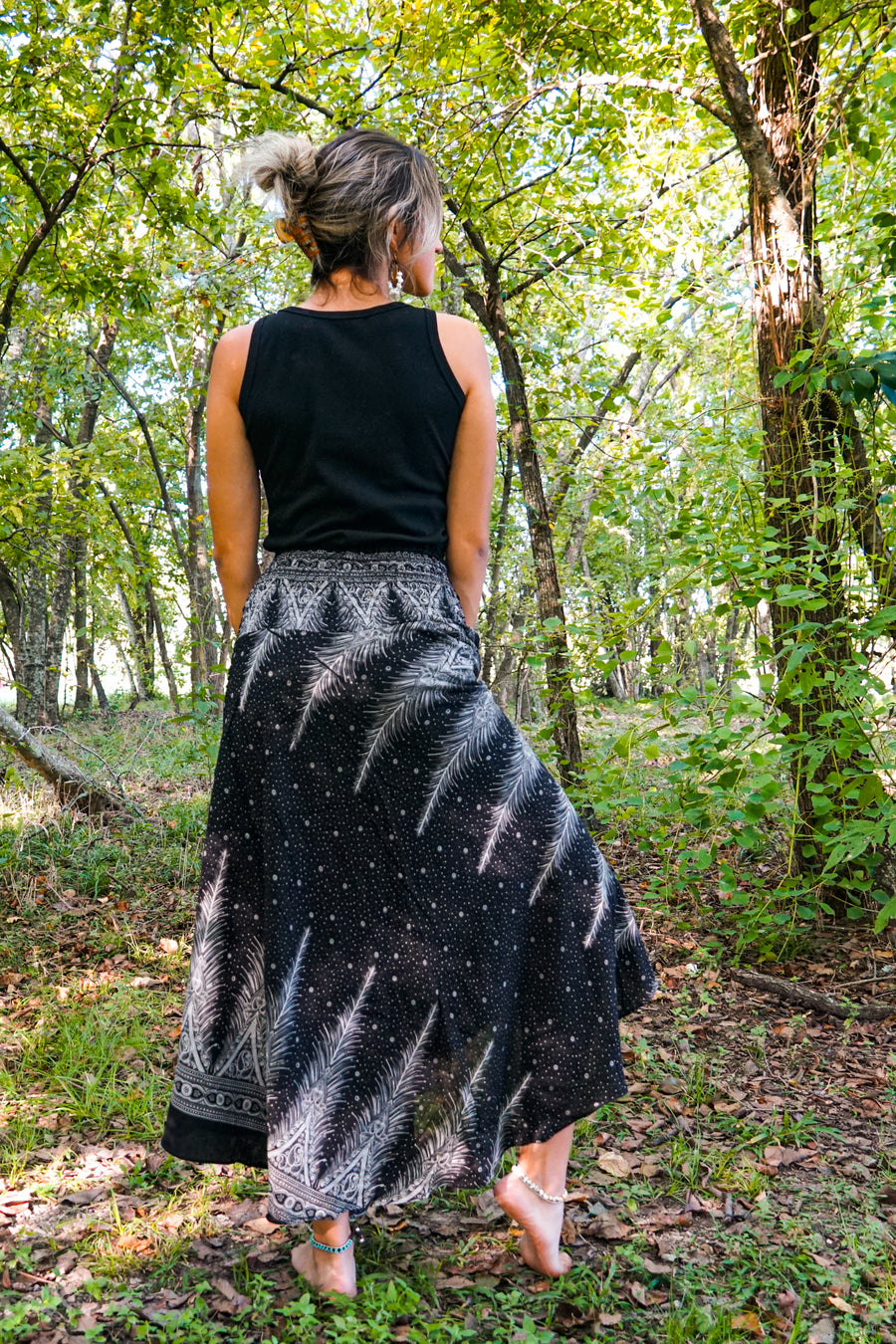 Black Peacock Feather Maxi Skirt