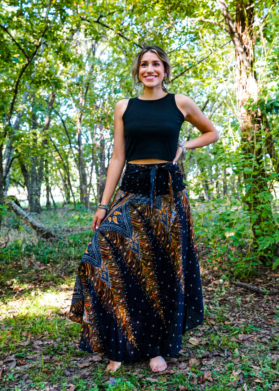 Black Peacock Maxi Skirt