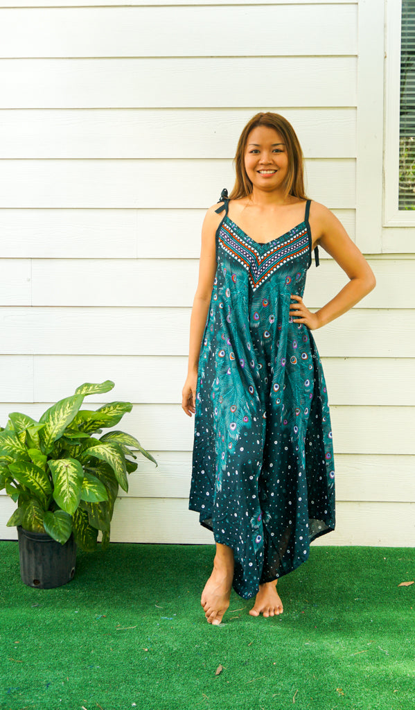 Teal Peacock Feather Jumpsuit