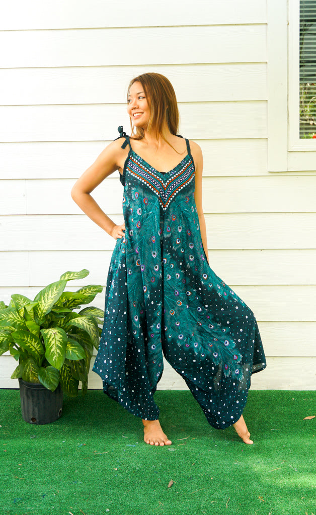 Teal Peacock Feather Jumpsuit