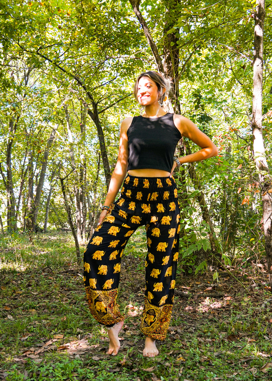 Gold Black Elephant Harem Pants