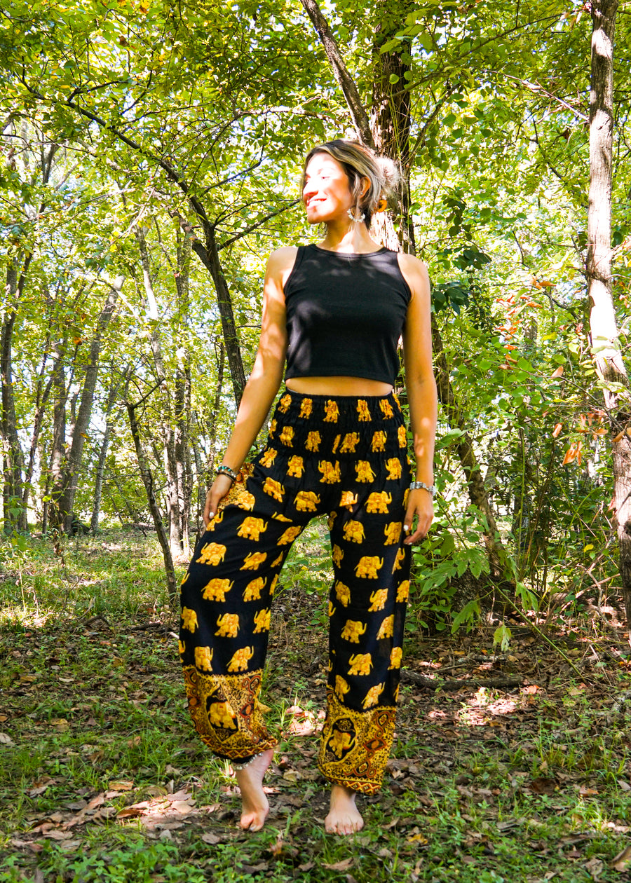 Gold Black Elephant Harem Pants