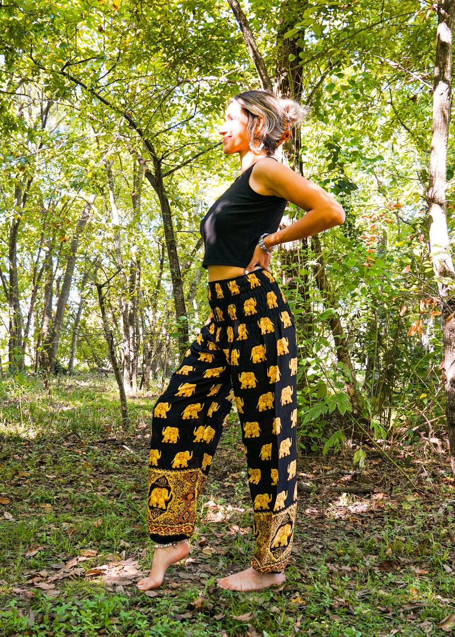 Gold Black Elephant Harem Pants