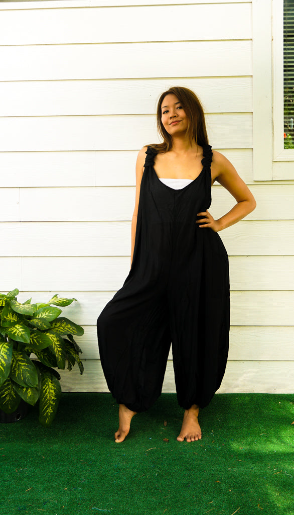 Plain Black Hippie Racerback Dungarees Jumpsuit Romper