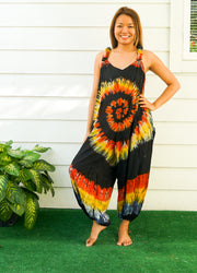 J54- Black and Orange Hand Dyed Hippie Racerback Dungarees Jumpsuit Romper